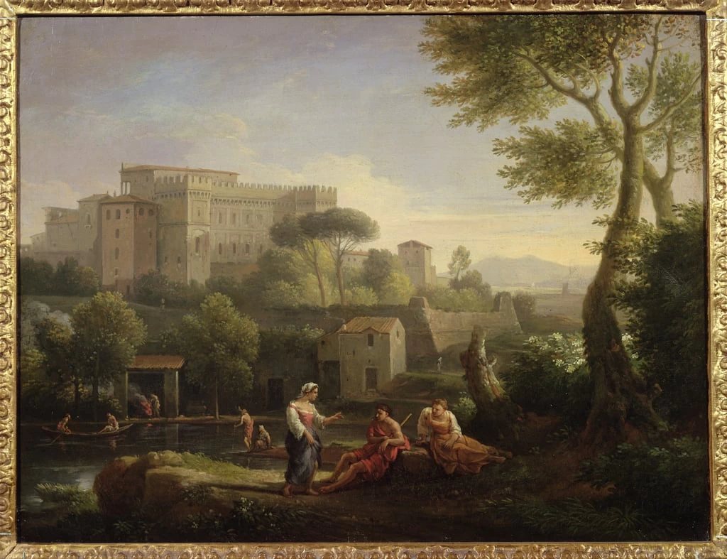 Paesaggio con figure e una fortezza di un fiume